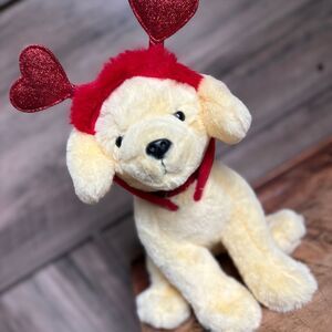 FAO Schwarz Stuffed Animal Plush Toy Yellow Lab Puppy Dog Heart Headband 12"